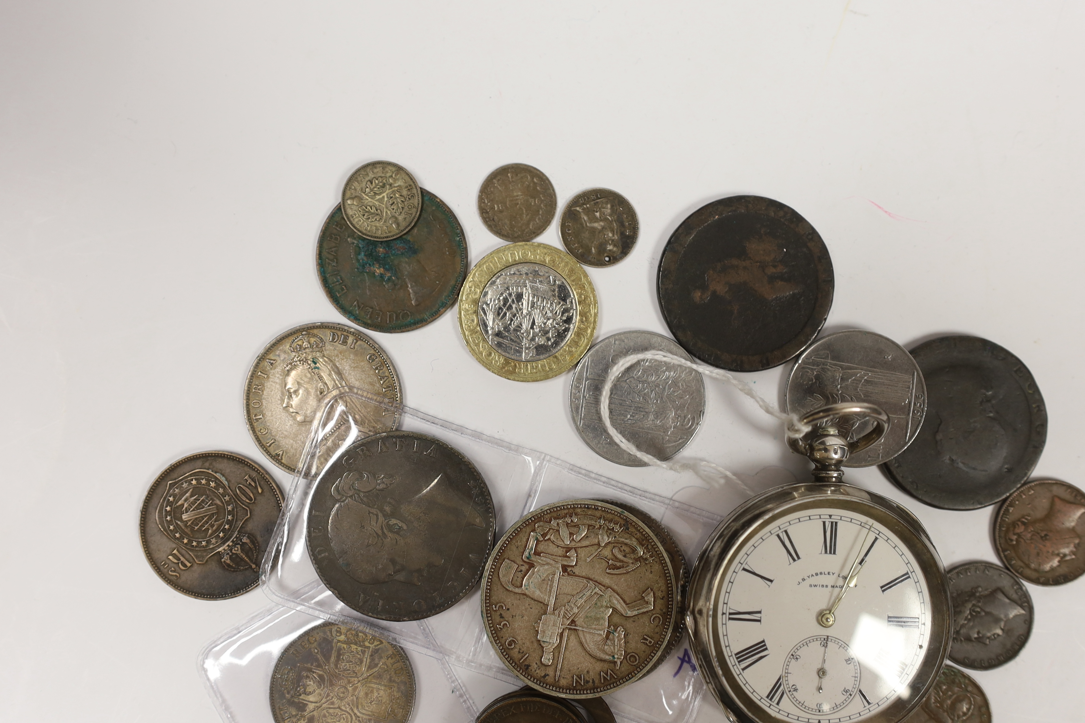 British silver coins, Victoria, two crowns, 1845, double florin 1887, florin 1887, halfcrown 1887 and other various crowns, together with a Swiss silver pocket watch